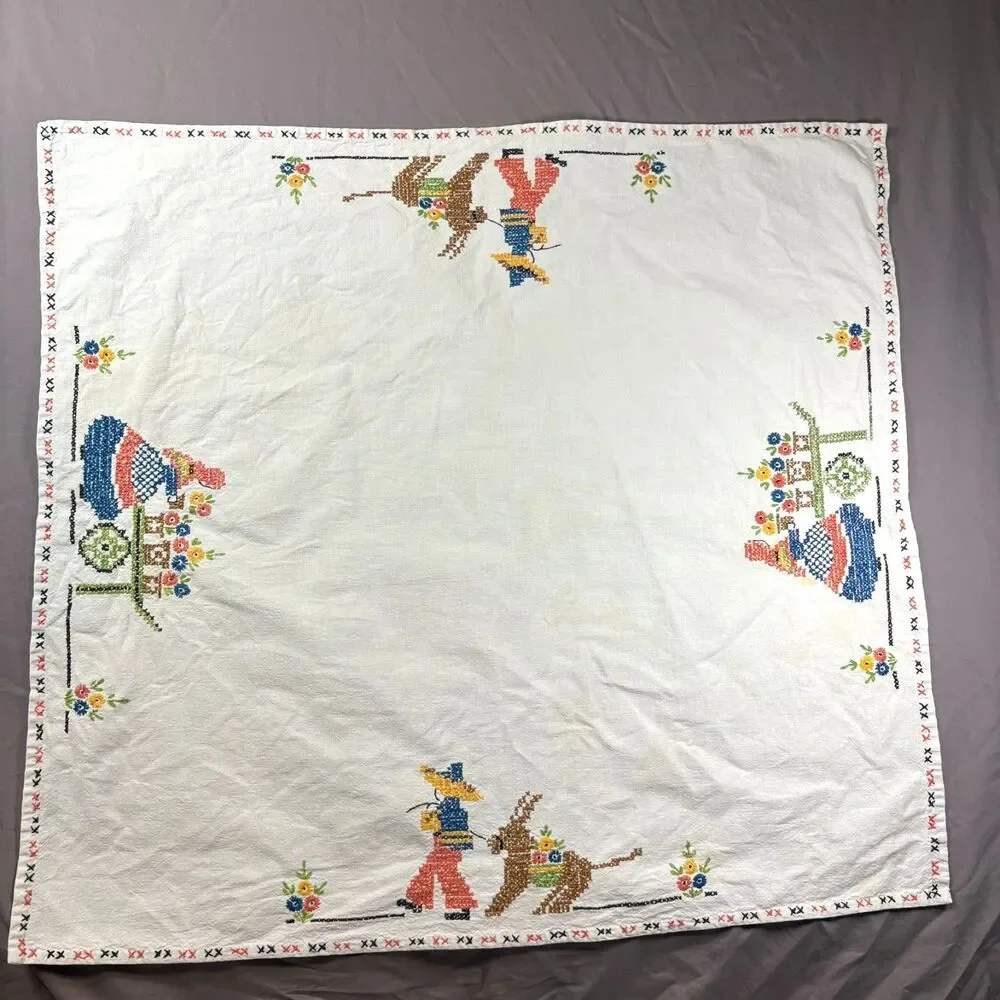 Vintage Hand-Embroidered Cross-Stitch Mexican Folk Art Tablecloth